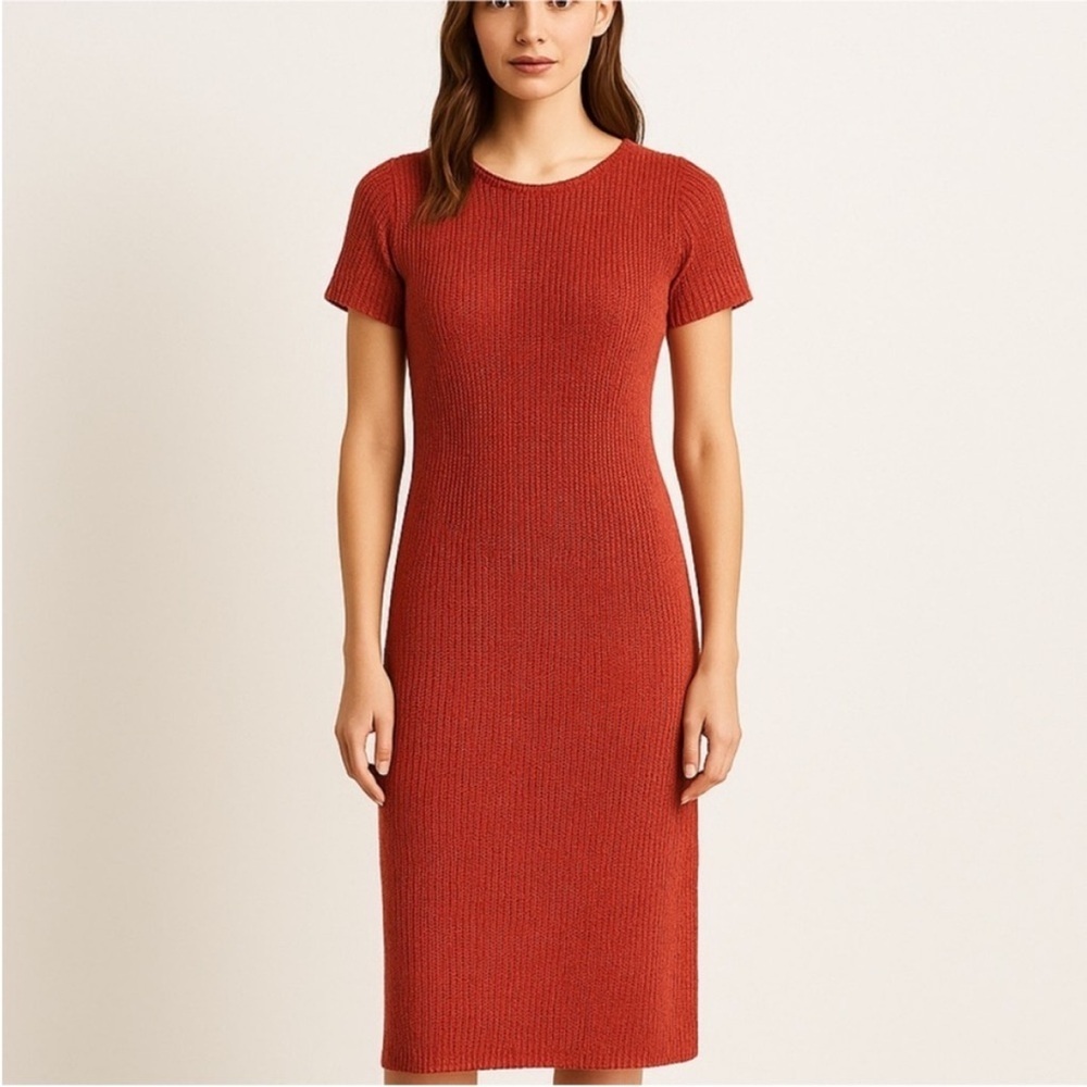 Zara Knit Midi Dress Ribbed Column Short Sleeve Terracotta Orange Size Medium